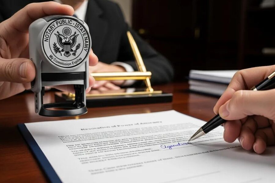 Close-up of a legal document being signed with a notary public, highlighting the importance of legal requirements