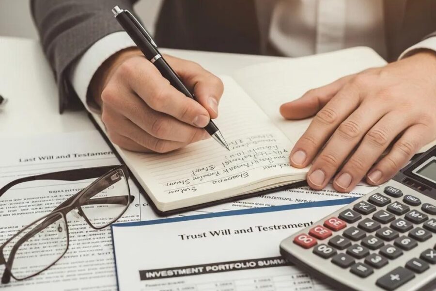 Close-up of hands documenting fiduciary duties with trust documents