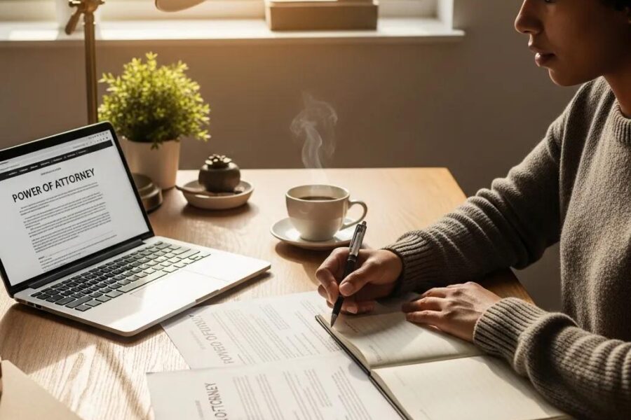 Cozy workspace with power of attorney documents, coffee, and laptop, symbolizing legal empowerment
