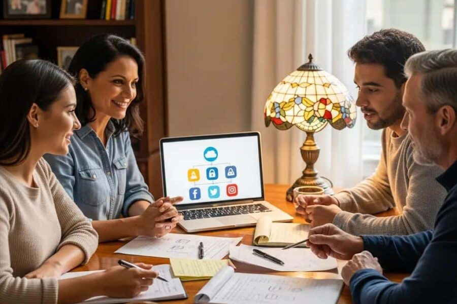 Family discussing digital estate planning with a laptop and notes on the table