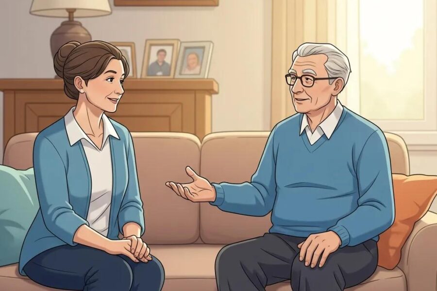 Healthcare agent and principal discussing medical power of attorney in a warm home setting