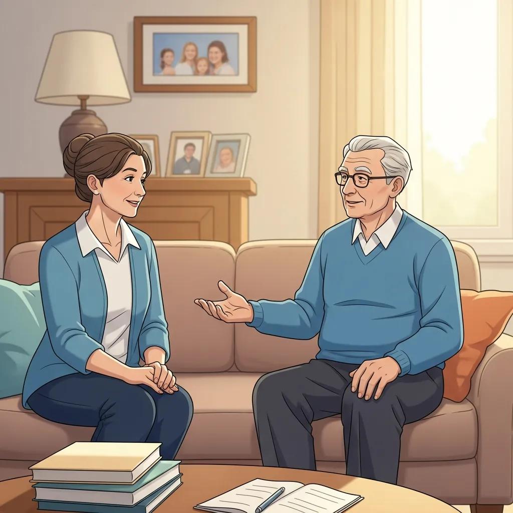 Healthcare agent and principal discussing medical power of attorney in a warm home setting