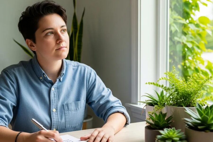 Individual contemplating choice of healthcare agent in a bright, airy room