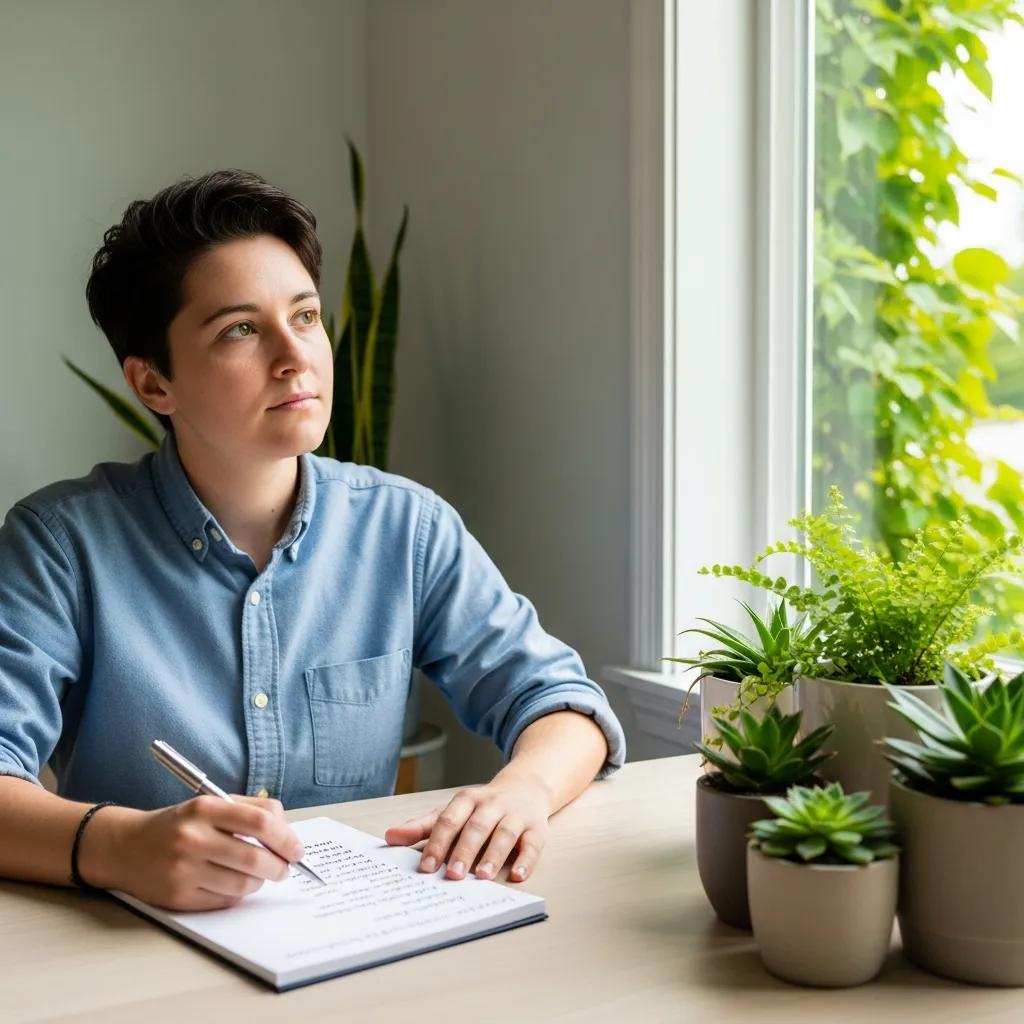 Individual contemplating choice of healthcare agent in a bright, airy room