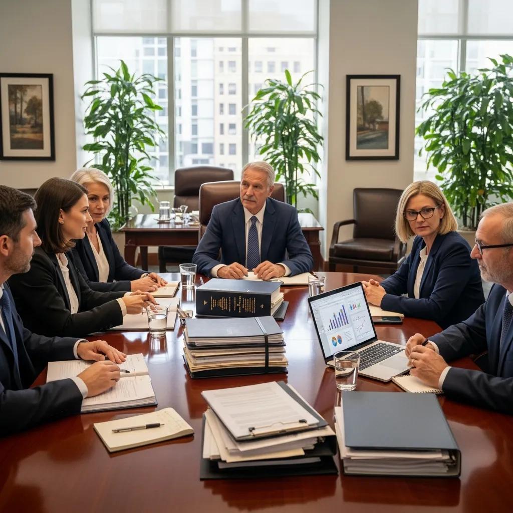 Trustees discussing trust administration in a professional office setting