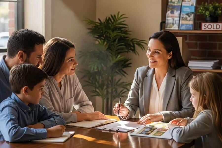 Diverse group discussing real estate in a cozy office, emphasizing trust and professionalism