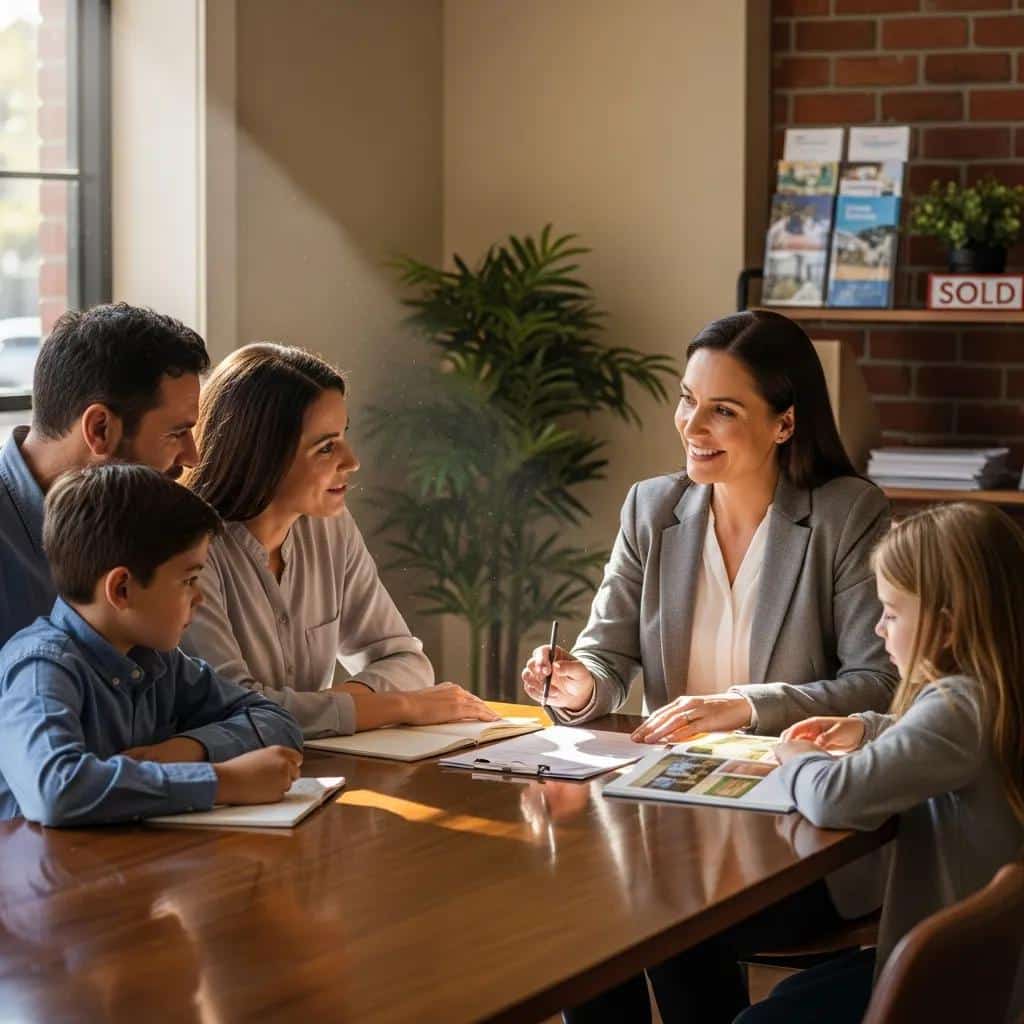 Diverse group discussing real estate in a cozy office, emphasizing trust and professionalism