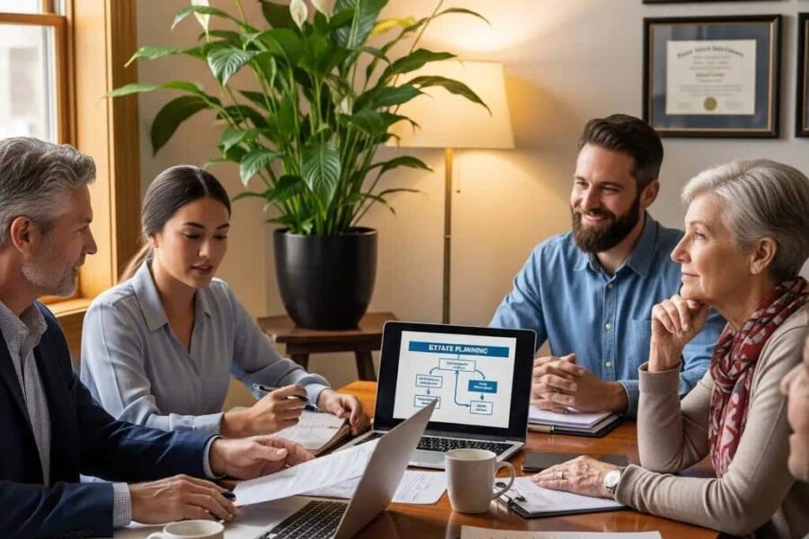 Group discussing estate planning in a cozy office setting with legal documents and a laptop