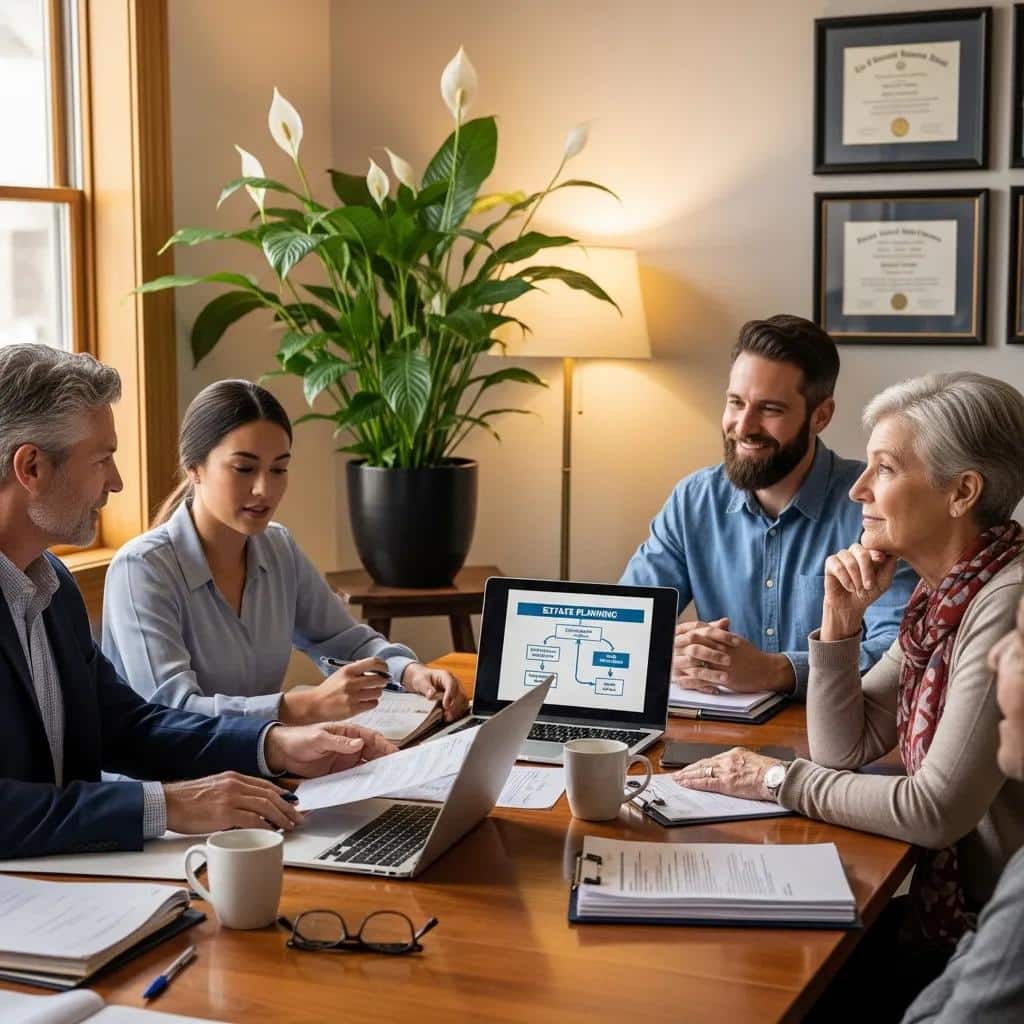 Group discussing estate planning in a cozy office setting with legal documents and a laptop