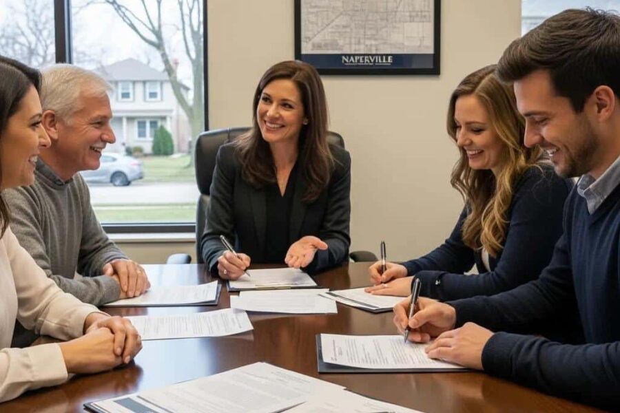 Home closing process in Naperville with buyers and sellers signing documents