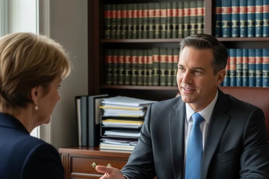 Probate lawyer consulting with a client in a professional office setting