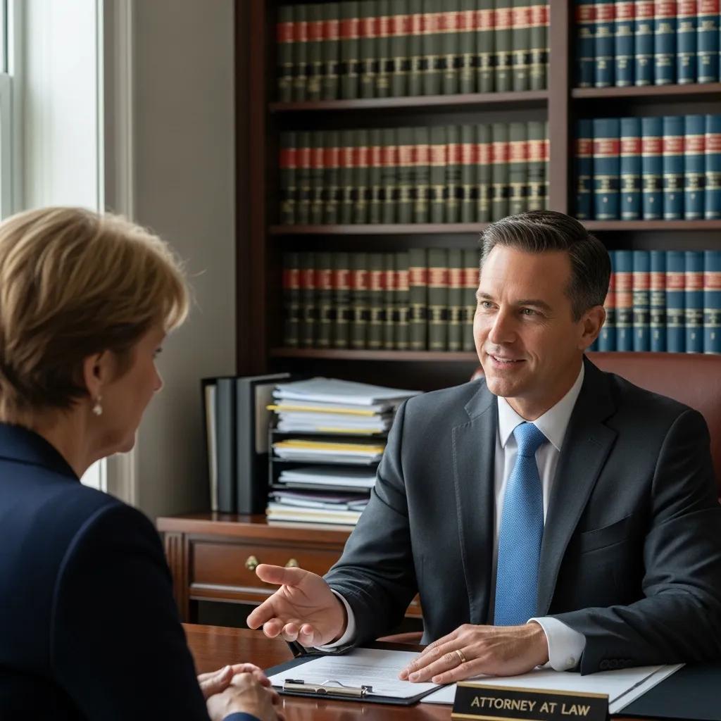 Probate lawyer consulting with a client in a professional office setting