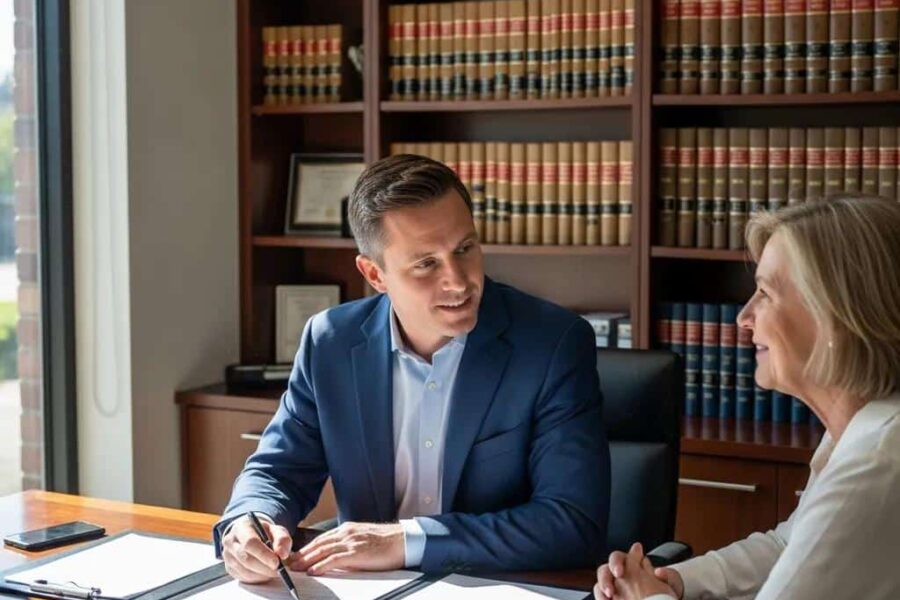 Probate lawyer reviewing documents with a client in a modern office