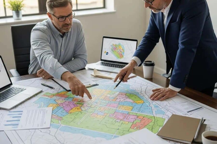 Property owner consulting with a zoning consultant over city planning maps, highlighting zoning complexities