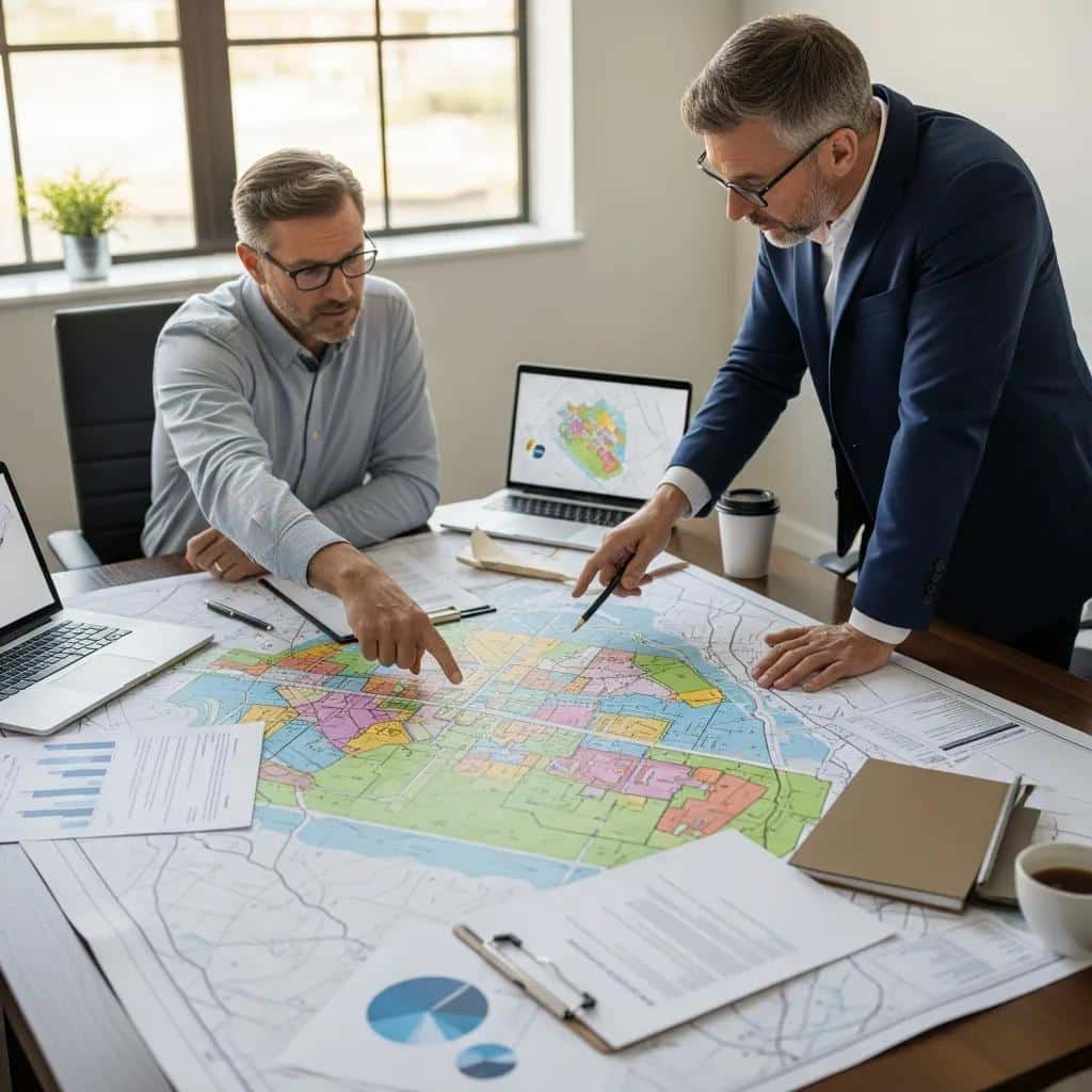 Property owner consulting with a zoning consultant over city planning maps, highlighting zoning complexities