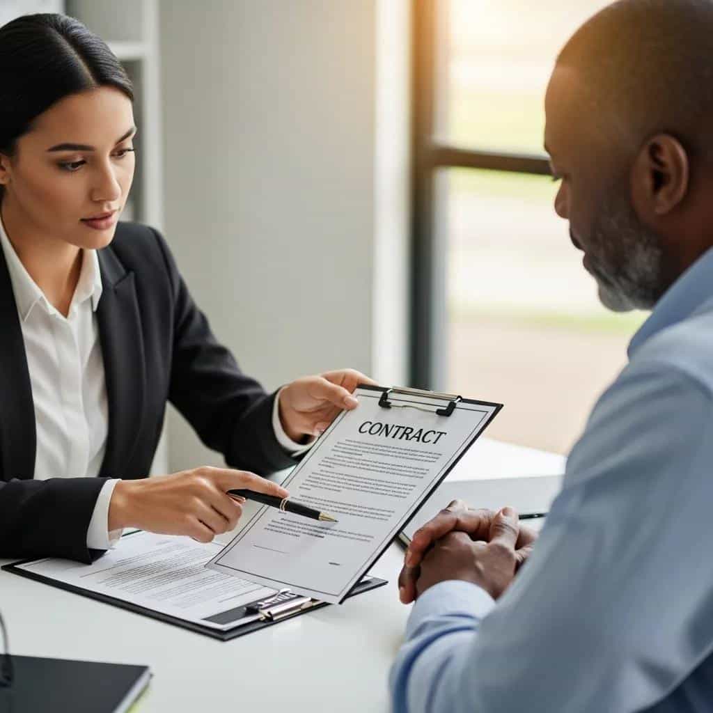 Real estate attorney reviewing legal documents with a client to minimize risks in property transactions