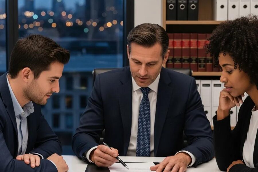 Real estate closing lawyer assisting a couple with documents in a modern office