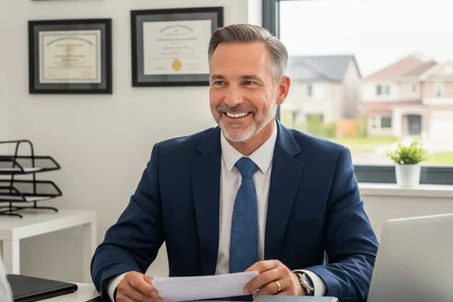 Residential real estate lawyer consulting with clients in a professional office setting