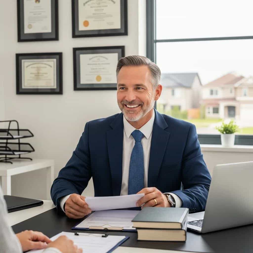Residential real estate lawyer consulting with clients in a professional office setting