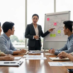 Residential real estate lawyer mediating a discussion on property disputes with clients