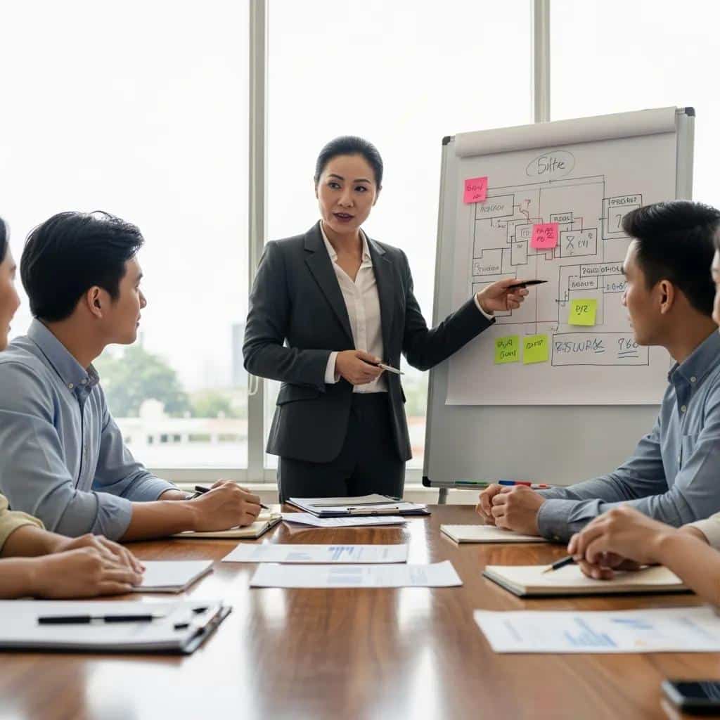 Residential real estate lawyer mediating a discussion on property disputes with clients