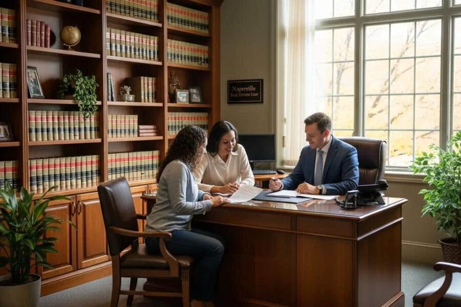 Residential real estate lawyer office in Naperville with a lawyer consulting a couple