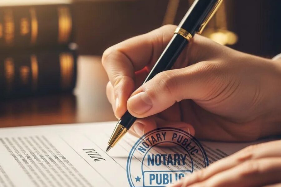 Close-up of a hand signing a will document with a notary stamp