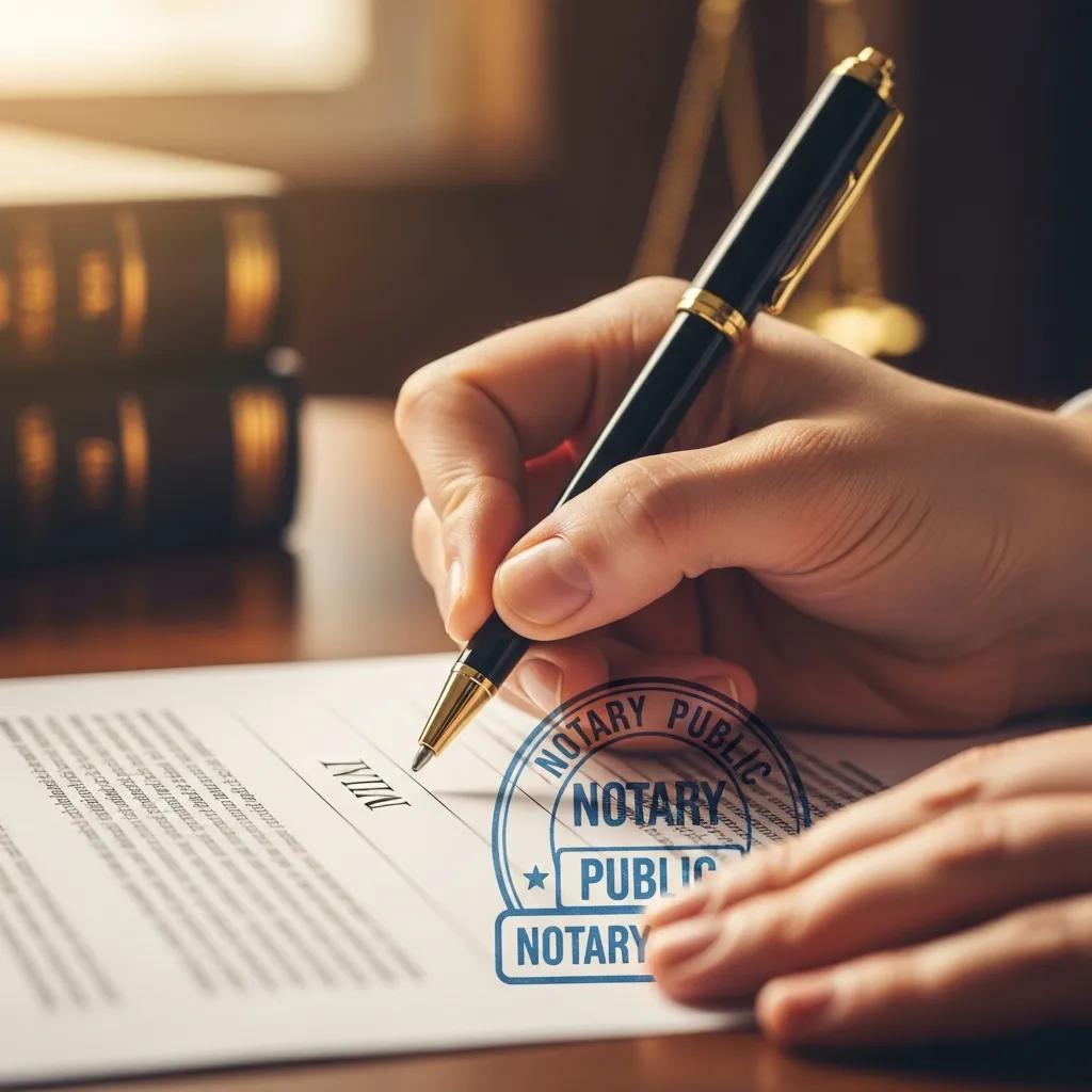 Close-up of a hand signing a will document with a notary stamp